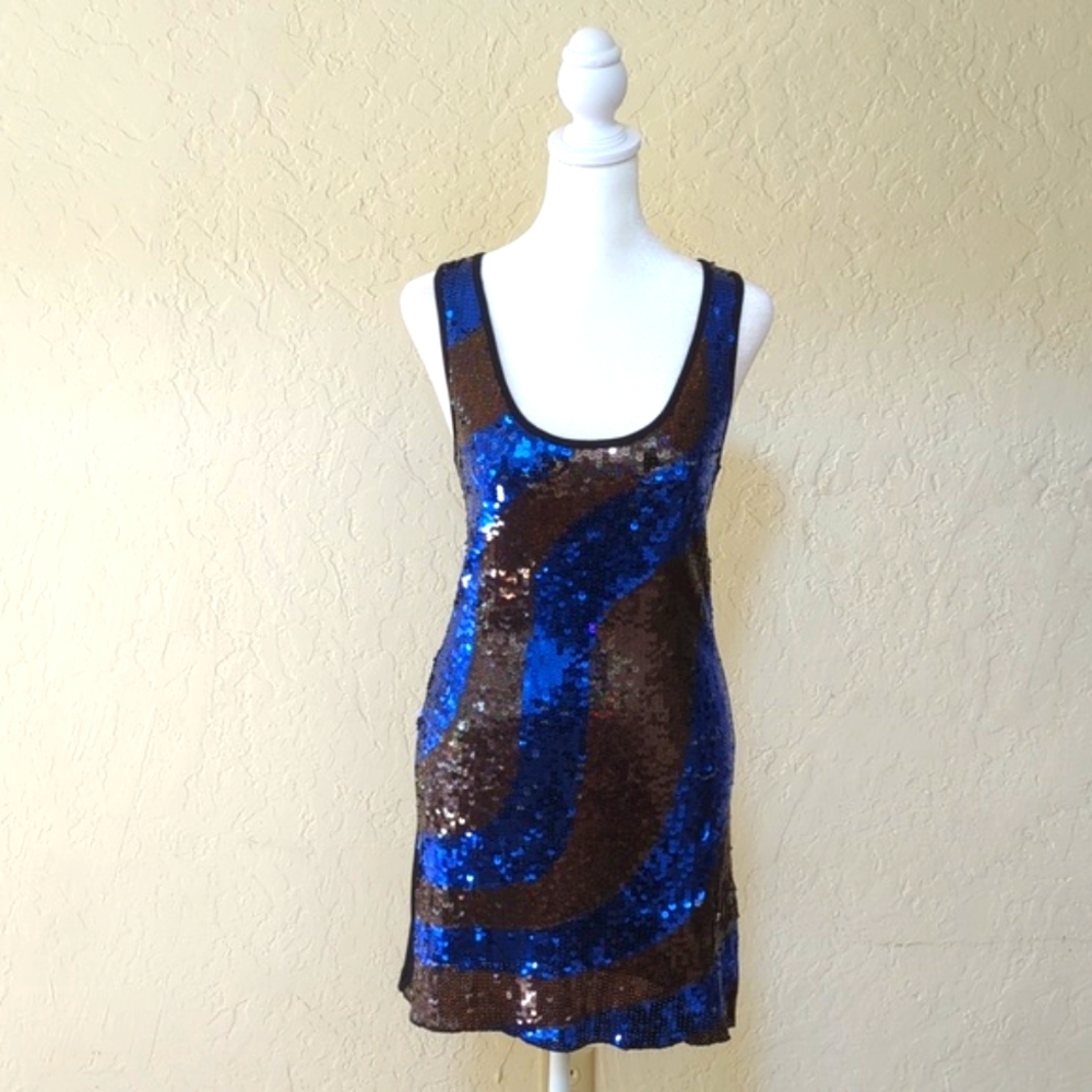 2B Bebe Metallic Sequins Bodycon Stretch Blue Black Minidress Size XS